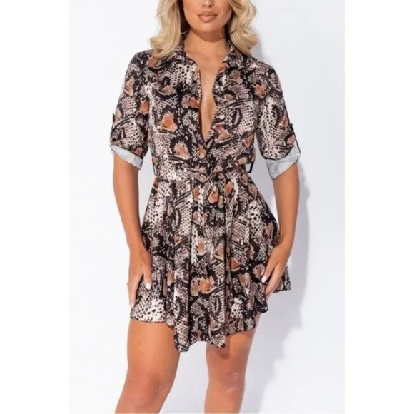 Snake Print Animal Print Long Roll Tab Sleeve Loose Fit Belted Mini Shirt Dress - Picture 10 of 11